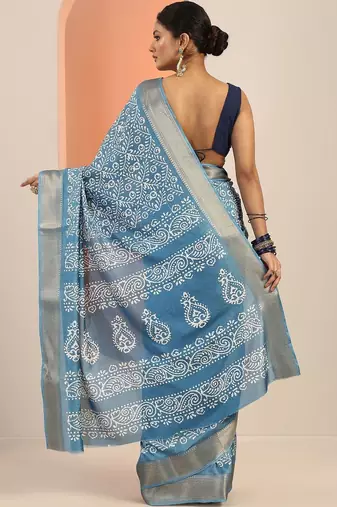 blue printed saree with unstitched blouse piece