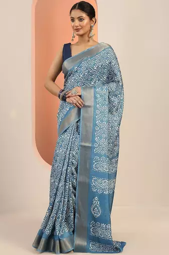 blue printed saree with unstitched blouse piece