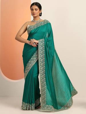 teal embellished saree with unstitched blouse piece 1