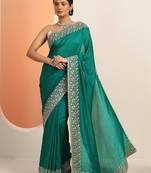 teal embellished saree with unstitched blouse piece