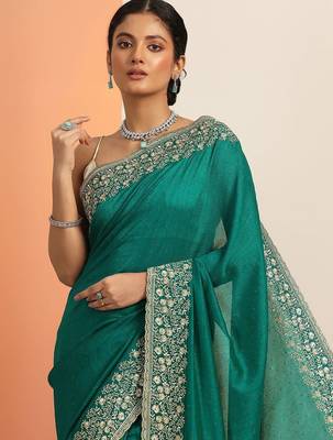 teal embellished saree with unstitched blouse piece 2