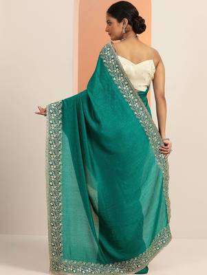 teal embellished saree with unstitched blouse piece 3