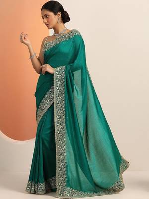teal embellished saree with unstitched blouse piece 4