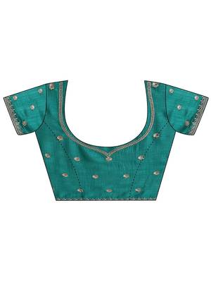 teal embellished saree with unstitched blouse piece 5