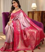 pink silk blend saree with woven border