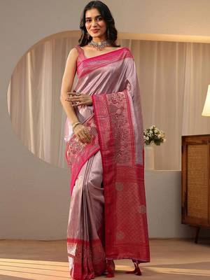 pink silk blend saree with woven border 2