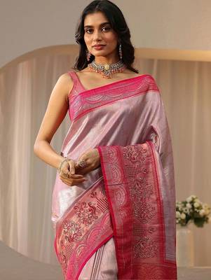 pink silk blend saree with woven border 3