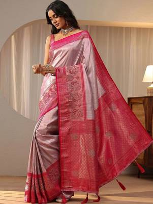 pink silk blend saree with woven border 4