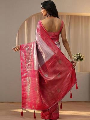 pink silk blend saree with woven border 5