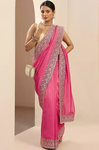 pink embellished saree with unstitched blouse piece