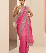pink embellished saree with unstitched blouse piece