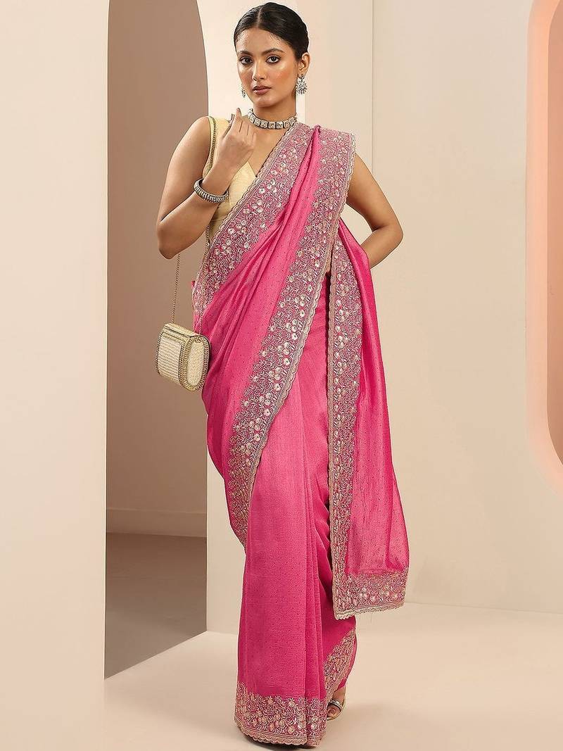 pink embellished saree with unstitched blouse piece