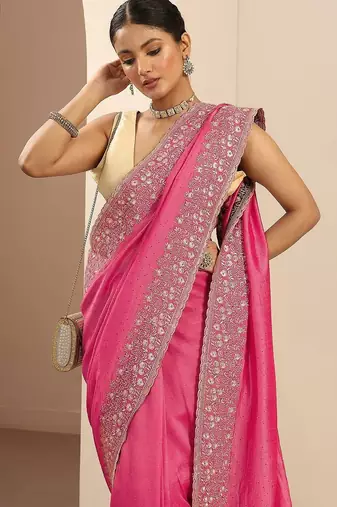 pink embellished saree with unstitched blouse piece