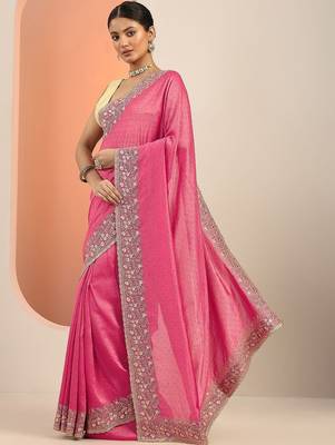 pink embellished saree with unstitched blouse piece 4