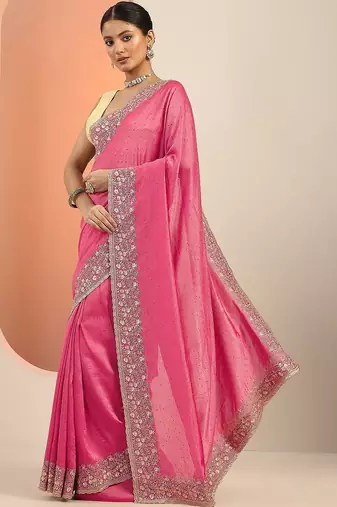 pink embellished saree with unstitched blouse piece
