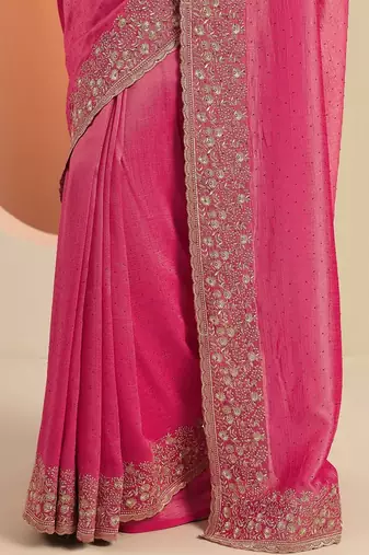 pink embellished saree with unstitched blouse piece