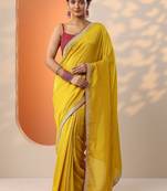 mustard solid saree with unstitched blouse piece