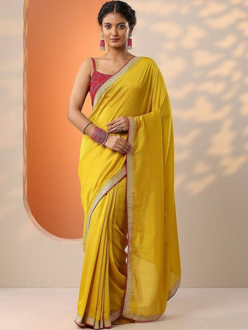mustard solid saree with unstitched blouse piece