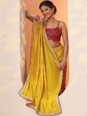 mustard solid saree with unstitched blouse piece 2