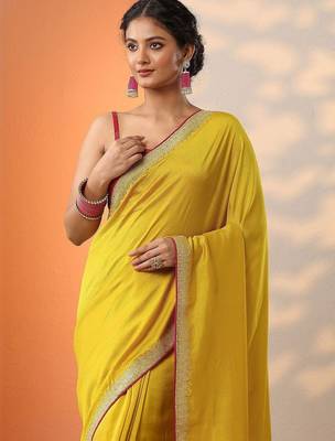 mustard solid saree with unstitched blouse piece 3