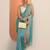 turquoise blue embellished saree with unstitched blouse piece