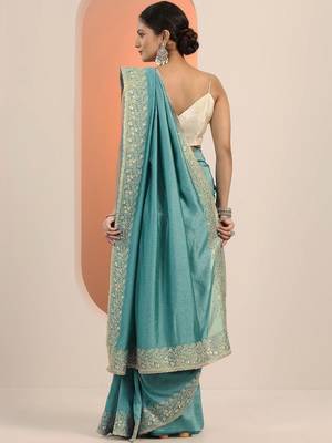 turquoise blue embellished saree with unstitched blouse piece 3