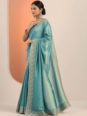 turquoise blue embellished saree with unstitched blouse piece 4