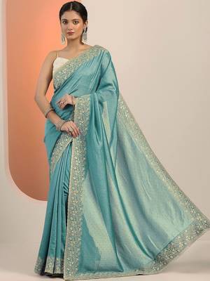 turquoise blue embellished saree with unstitched blouse piece 5