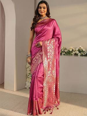 pink ethnic woven design saree with unstitched blouse piece 1