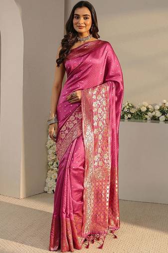 pink ethnic woven design saree with unstitched blouse piece