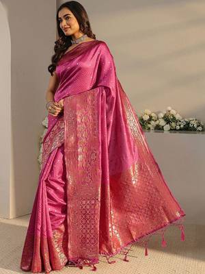 pink ethnic woven design saree with unstitched blouse piece 2