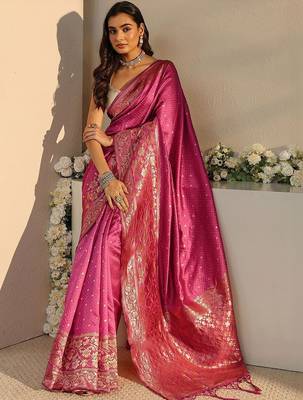 pink ethnic woven design saree with unstitched blouse piece 3