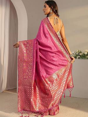 pink ethnic woven design saree with unstitched blouse piece 4