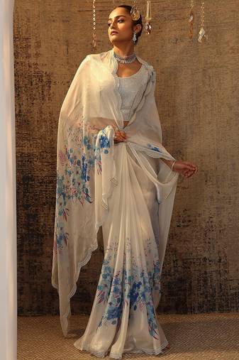 white printed satin saree with unstitched blouse piece