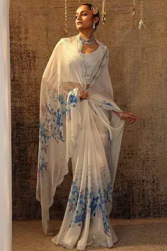 white printed satin saree with unstitched blouse piece