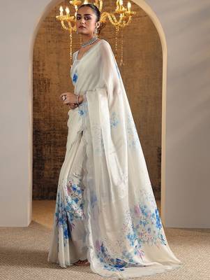 white printed satin saree with unstitched blouse piece 2