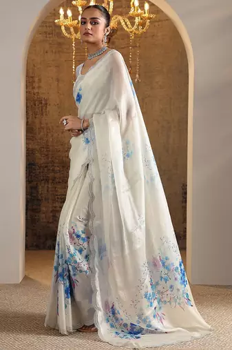 white printed satin saree with unstitched blouse piece