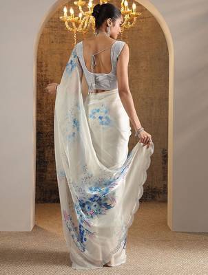 white printed satin saree with unstitched blouse piece 3