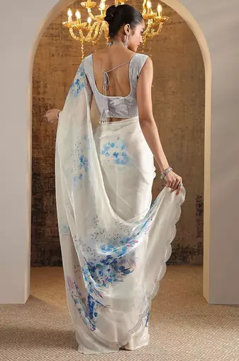 white printed satin saree with unstitched blouse piece