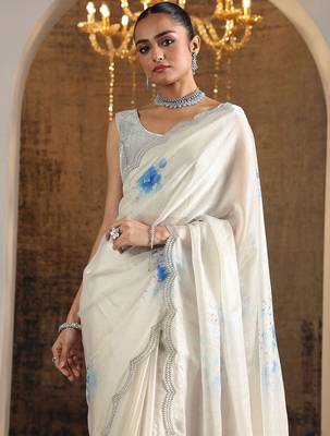 white printed satin saree with unstitched blouse piece 4