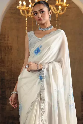 white printed satin saree with unstitched blouse piece