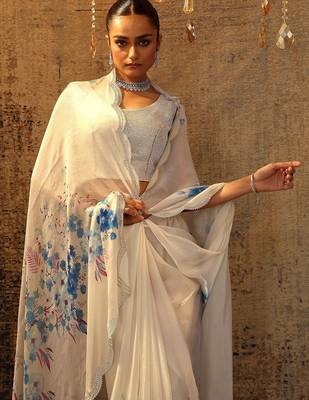 white printed satin saree with unstitched blouse piece 5