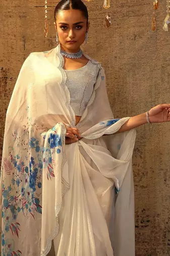 white printed satin saree with unstitched blouse piece