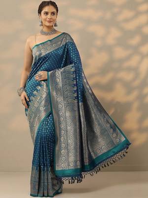 blue woven design banarasi saree with unstitched blouse piece 1