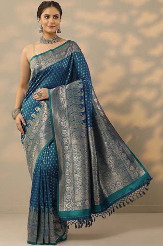 blue woven design banarasi saree with unstitched blouse piece