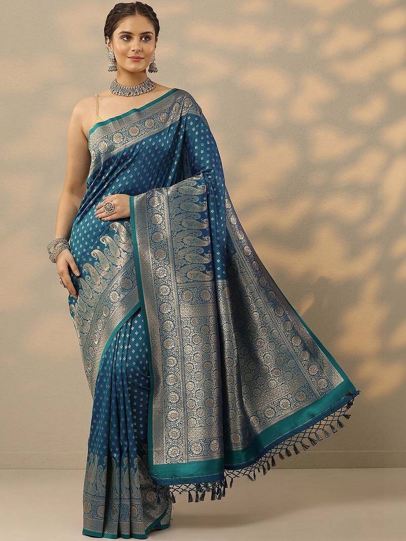 blue woven design banarasi saree with unstitched blouse piece