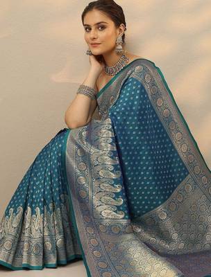 blue woven design banarasi saree with unstitched blouse piece 2