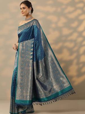 blue woven design banarasi saree with unstitched blouse piece 3