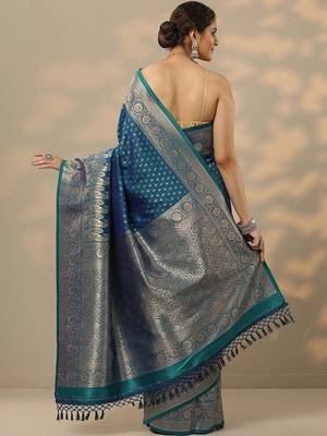blue woven design banarasi saree with unstitched blouse piece 5