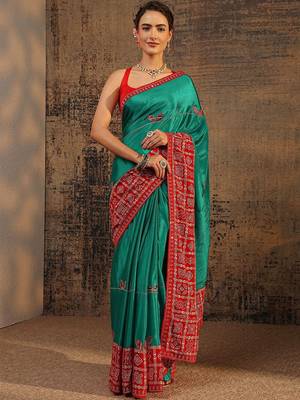 green bandhani embellished saree with unstitched blouse piece 1